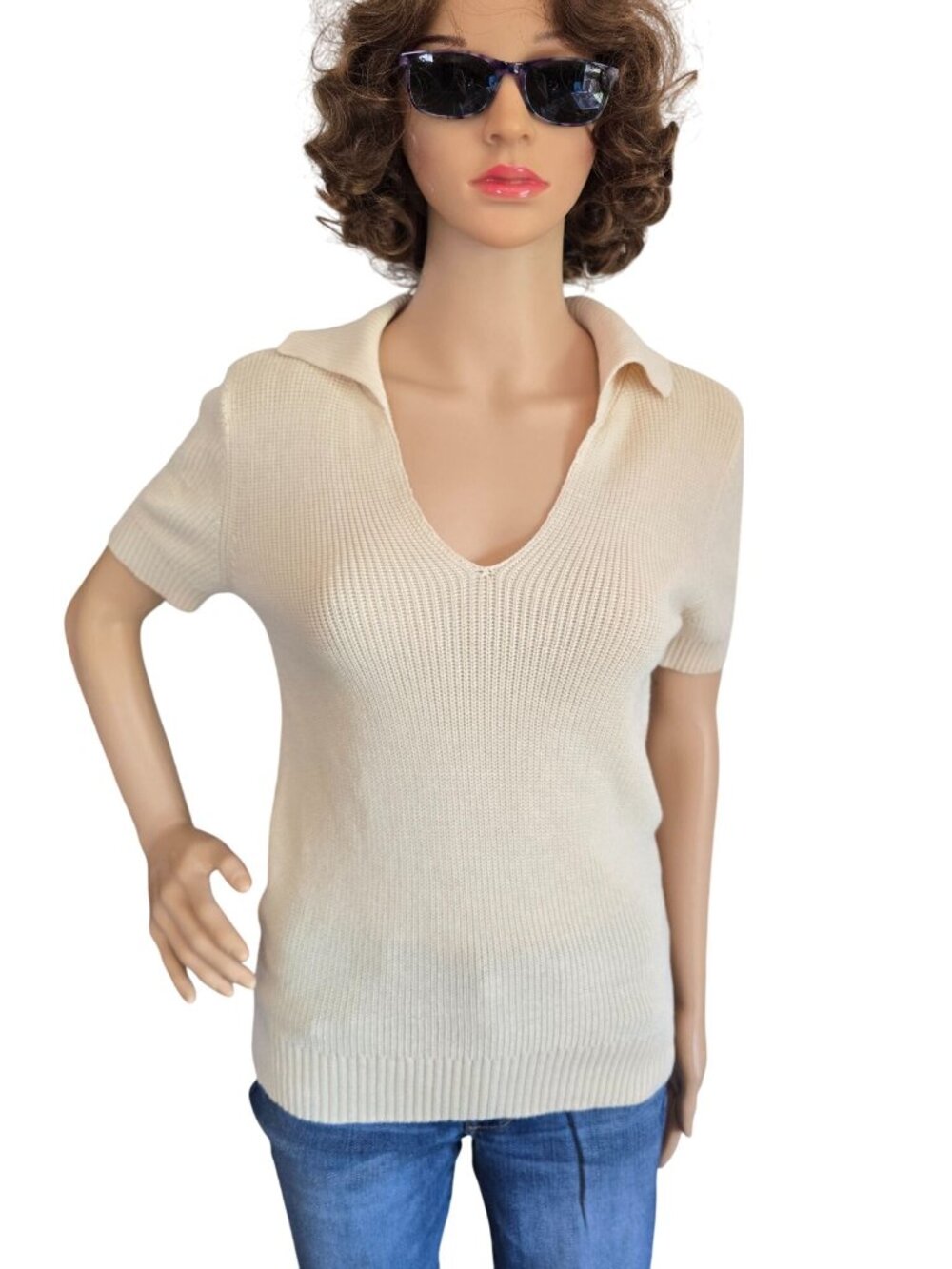 Y2K Vintage LAUREN Ralph Lauren Cream Ribbed Knit Polo Sweater Top Size S Cotton